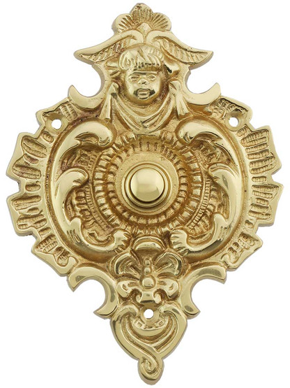 Large Rococo Solid-Brass Doorbell Button in Polished Brass.